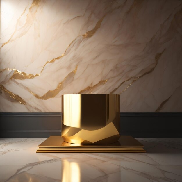 A gold cube sits on a marble floor in a room with a wall behind it.