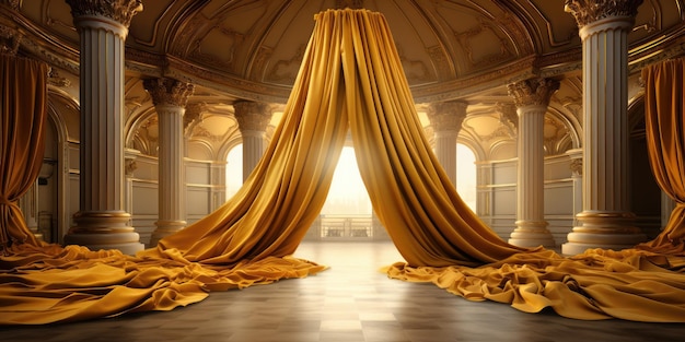 a gold curtain in a display room photorealistic elegant realism minimalist stage designs