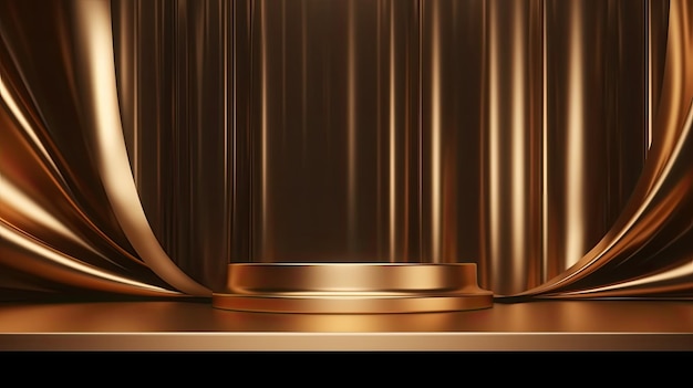 A gold curtain with a gold frame is on a black background.