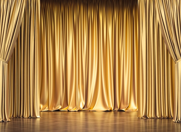 Gold curtains and wooden floor. 3d render. concept of exclusivity