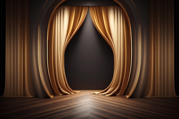 Gold curtains and wooden floor. Ai. Golden stage concept of exclusivity