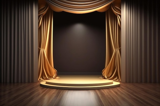 Gold curtains and wooden floor. Ai. Golden stage concept of exclusivity