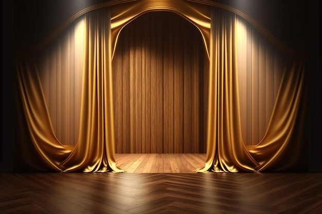 Gold curtains and wooden floor. Ai. Golden stage concept of exclusivity