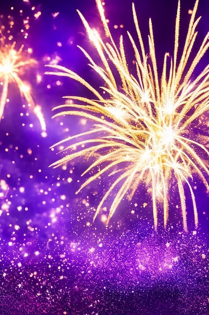 Gold and dark violet Fireworks and bokeh in New Year eve and copy space Abstract background holiday