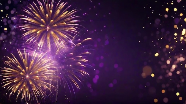 Gold and dark violet Fireworks and bokeh in New Year eve and copy space Abstract background holiday