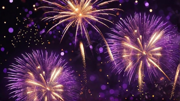 Gold and dark violet Fireworks and bokeh in New Year eve and copy space Abstract background holiday