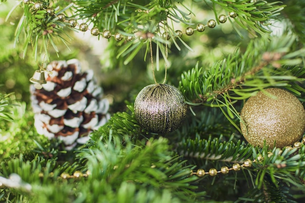 Gold decoration toys and cone on the Christmas tree