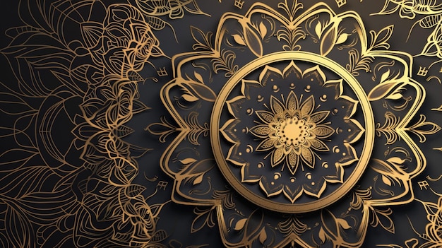 a gold design on a black background with gold flowers