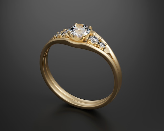 Gold Diamond Ring Isolated On black Background 3D Rendering