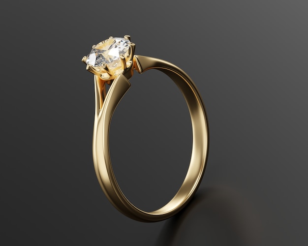 Gold Diamond Ring Isolated On black surface 3D Rendering