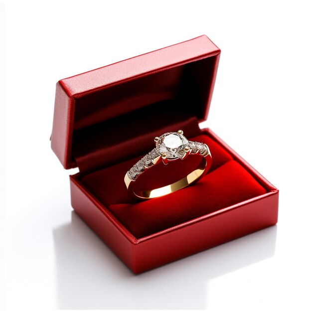 gold diamond ring in a red box on a white background