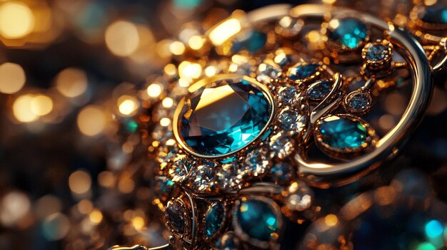 a gold display of gold jewelry with a bunch of gems