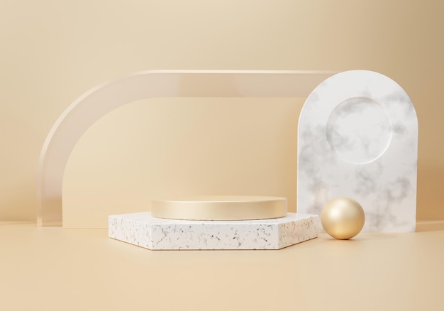 Gold display scene 3D background with geometric shapes circle Terrazzo marble pedestal on two floors curved wall stand platform for product presentation luxury cosmetics showcase 3d illustration