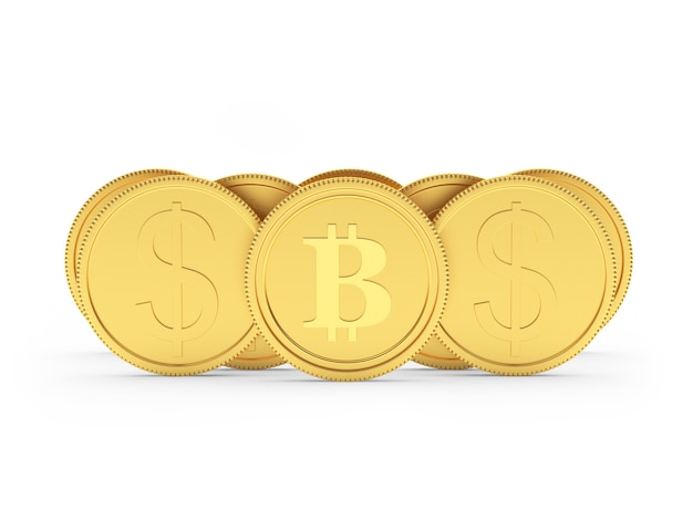 Gold dollar and bitcoin coins. 3D