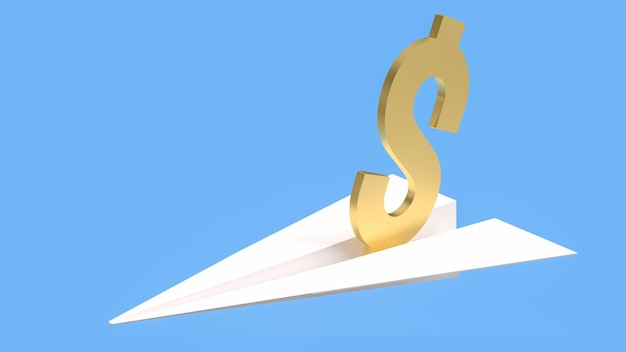 The gold dollar symbol on paper plane for business concept 3d rendering