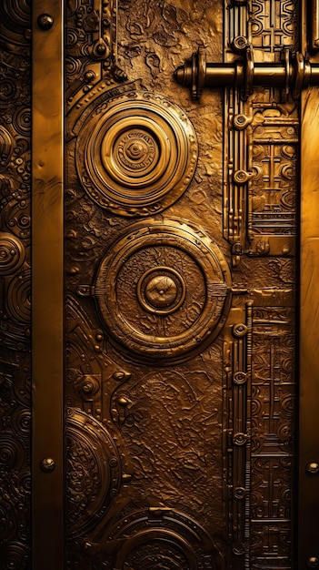 A gold door with a number of different designs on it