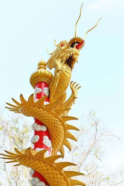 gold dragon on pole against tree and sky