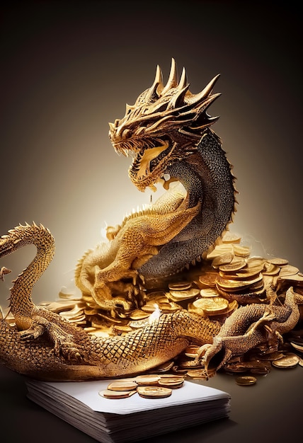 A gold dragon sits on a pile of gold coins.