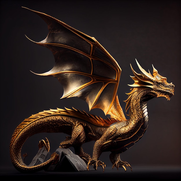 A gold dragon with wings on a black background