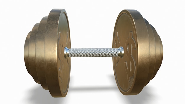 Gold dumbbell with a dollar sign on a white background 3drendering