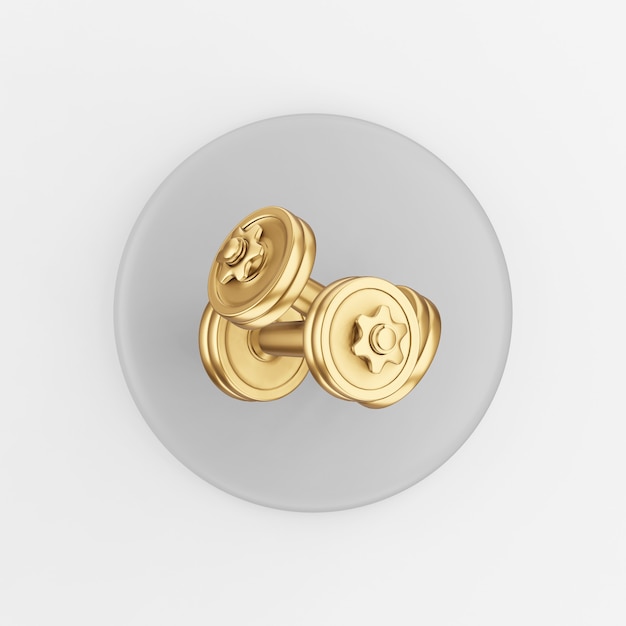 Gold dumbbells icon. 3d rendering gray round key button, interface ui ux element.