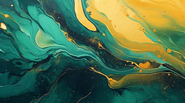 Gold and Emerald Green overflowing colors Liquid acrylic picture that flows and splash