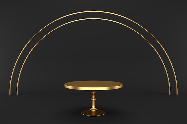 Gold empty cake stand on a black background. 3d rendering. Festive background.