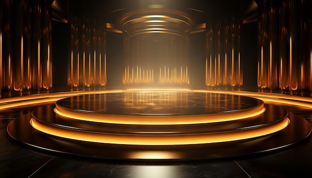 Gold empty podium floating in the air in dark scene with wall of line vertical gold neon lamps