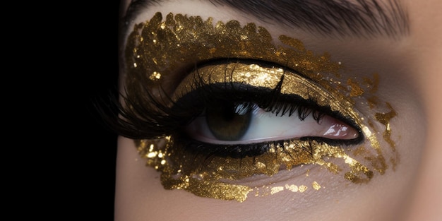 Gold eye makeup with a black eye and gold glitter on the eye.