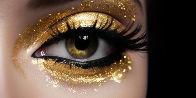 A gold eye makeup with gold glitter on the eyes