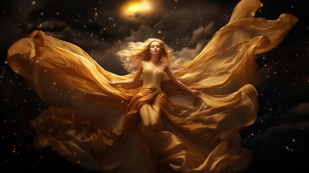 Gold Fashion Model Dress Woman In Golden Silk Gown Flowing Fabric Beautiful Girl on Stars Sky looking up