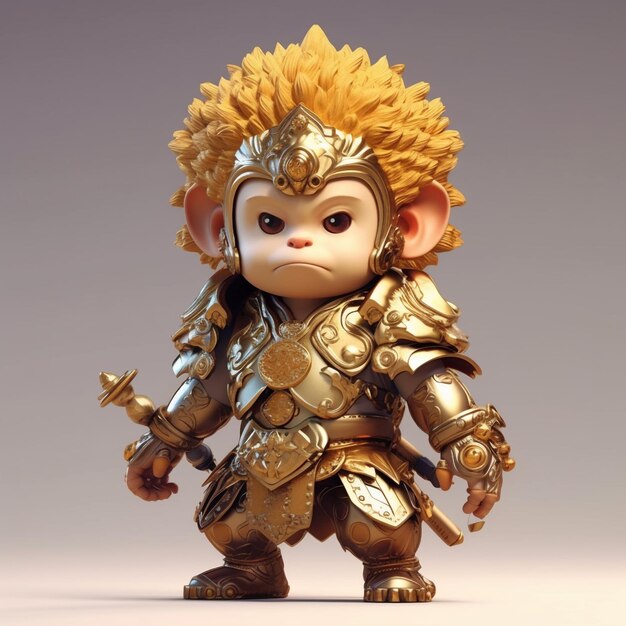 A gold figurine of a monkey king with a sword