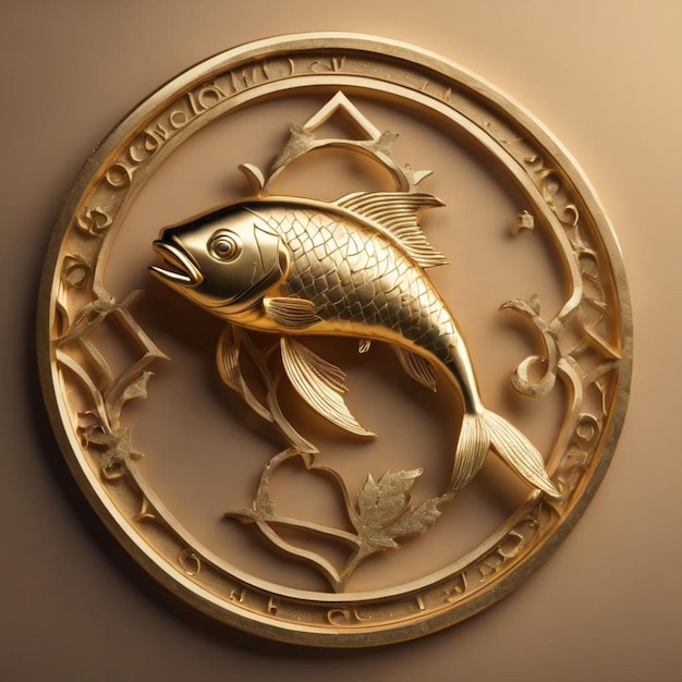 A gold fish in the center of a circular medallion