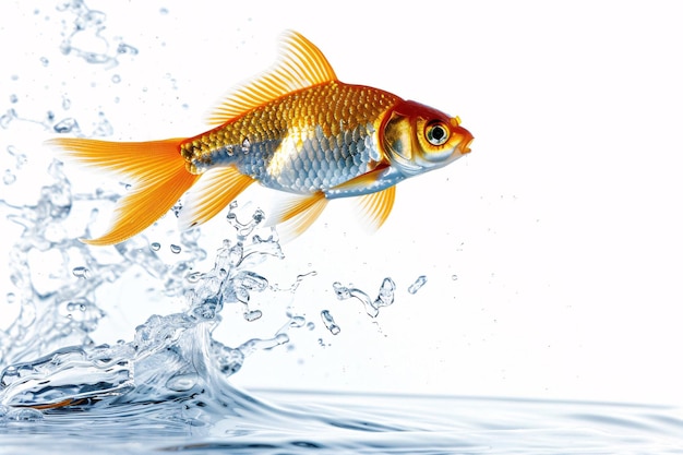 a gold fish jumping out of water