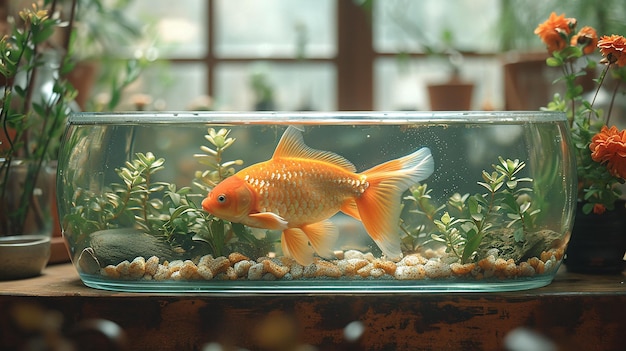 a gold fish tank with a plant in it