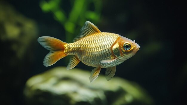 a gold fish with a black eye and a white stripe