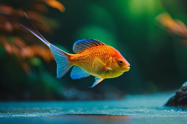 a gold fish with a blue stripe and a white stripe is swimming in a tank