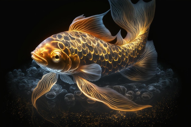 A gold fish with gold wings on a black background