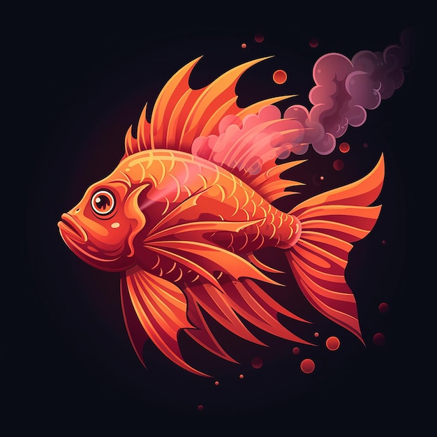 a gold fish with a red tail is on a black background