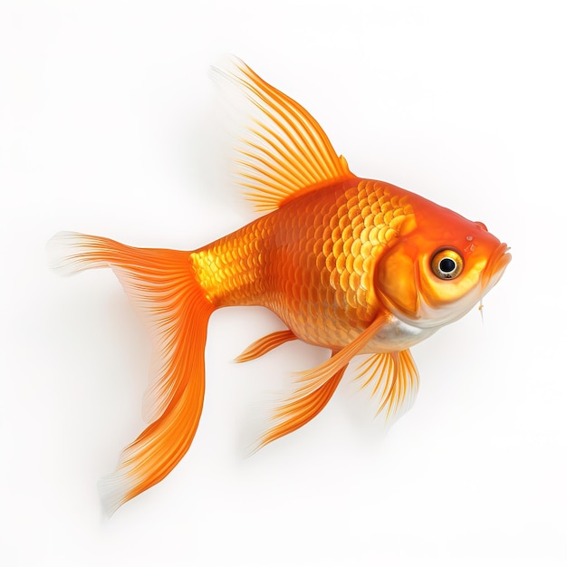 a gold fish with a white background and a yellow eye