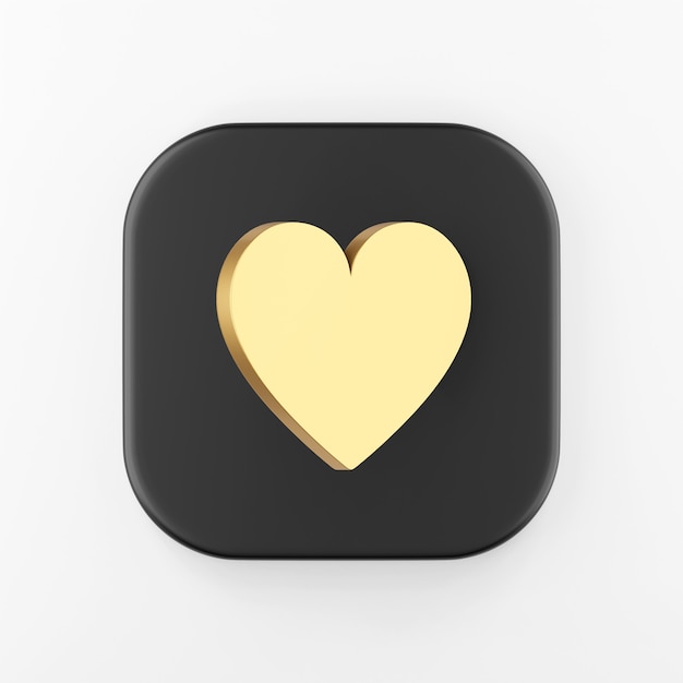 Gold flat heart icon. 3d rendering black square key button, interface ui ux element.