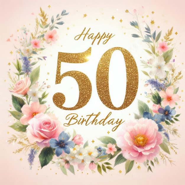 Photo gold and floral design celebrating a vibrant 50th birthday milestone