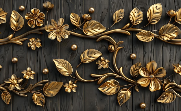 a gold floral design on a wooden background