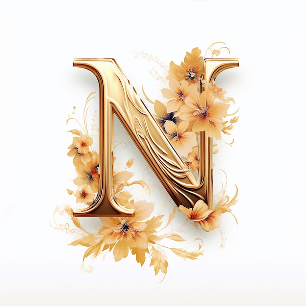 Photo gold floral with letter n on a white background and gold composition