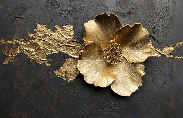 gold flower on a black background with gold leaf