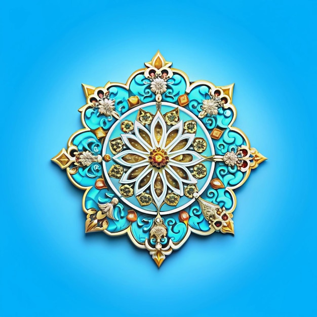 a gold flower design is on a blue background