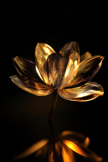 A gold flower with a black background