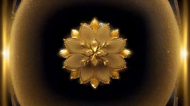 A gold flower with a gold center and a black background.