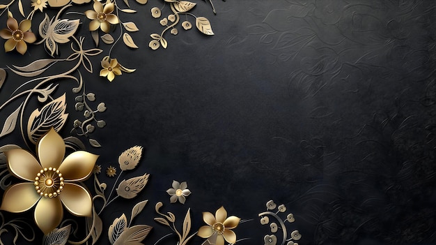 Photo gold flowers on a black background with gold leaves