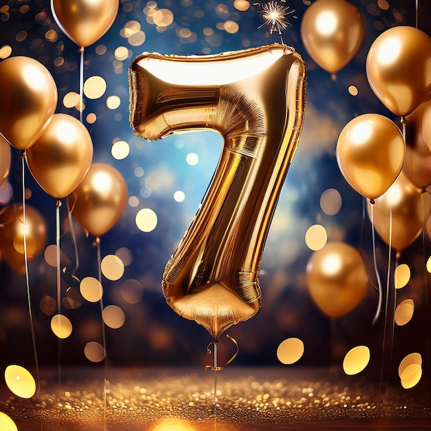 Gold foil balloon number seven on blue velvet Birthday greeting card with inscription 7 Golden num